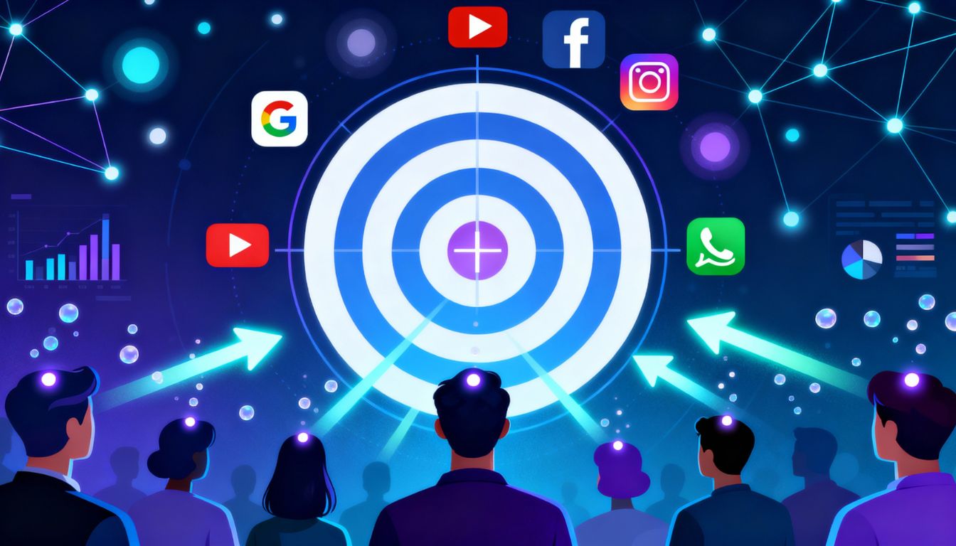 Illustrazione del concetto di pubblicità mirata digitale con target, piattaforme e dati