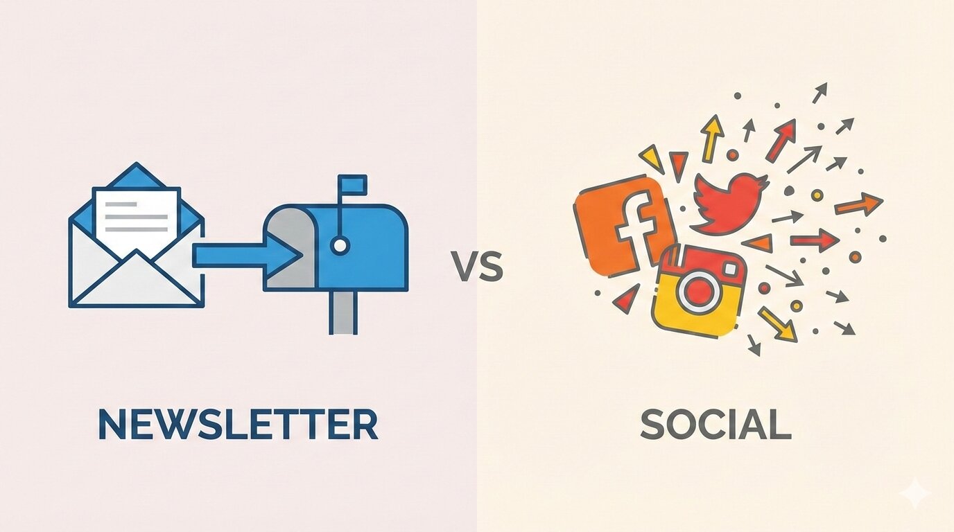 Grafica minimalista che confronta "Newsletter" e "Social". A sinistra, un'icona di busta e cassetta postale collegate da una freccia unica rappresenta la comunicazione diretta e focalizzata delle newsletter, con colori blu e grigio. A destra, icone di Facebook, Twitter e Instagram esplodono con frecce multiple e caotiche in tutte le direzioni, simboleggiando la natura dispersiva e diffusa dei social media, con colori caldi. Il testo "VS" separa le due sezioni.